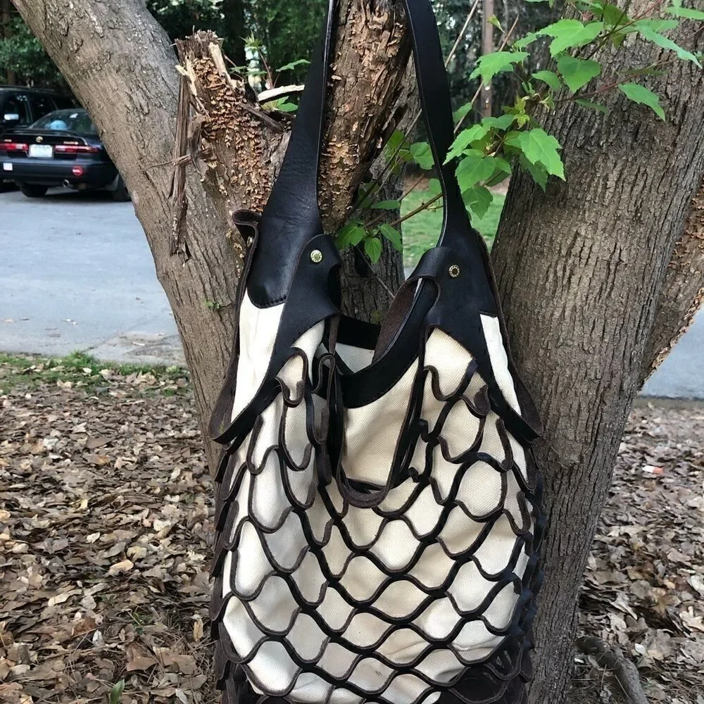 BCBG MAX AZRIA New Leather/ Linen-Fishnet Tote